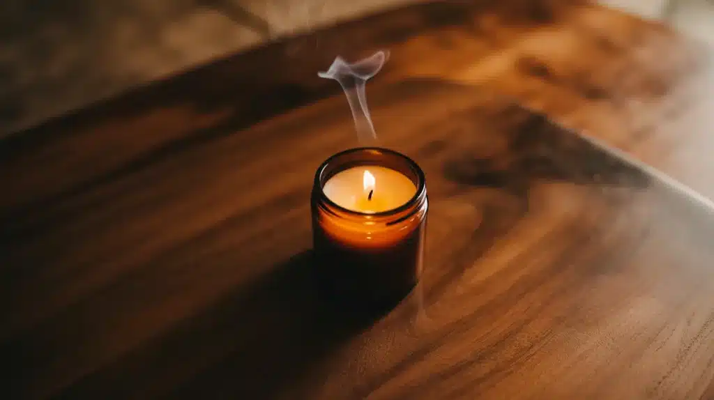 A small batch scented candle burning softly on a wooden table, with wisps of smoke rising gently from the wick