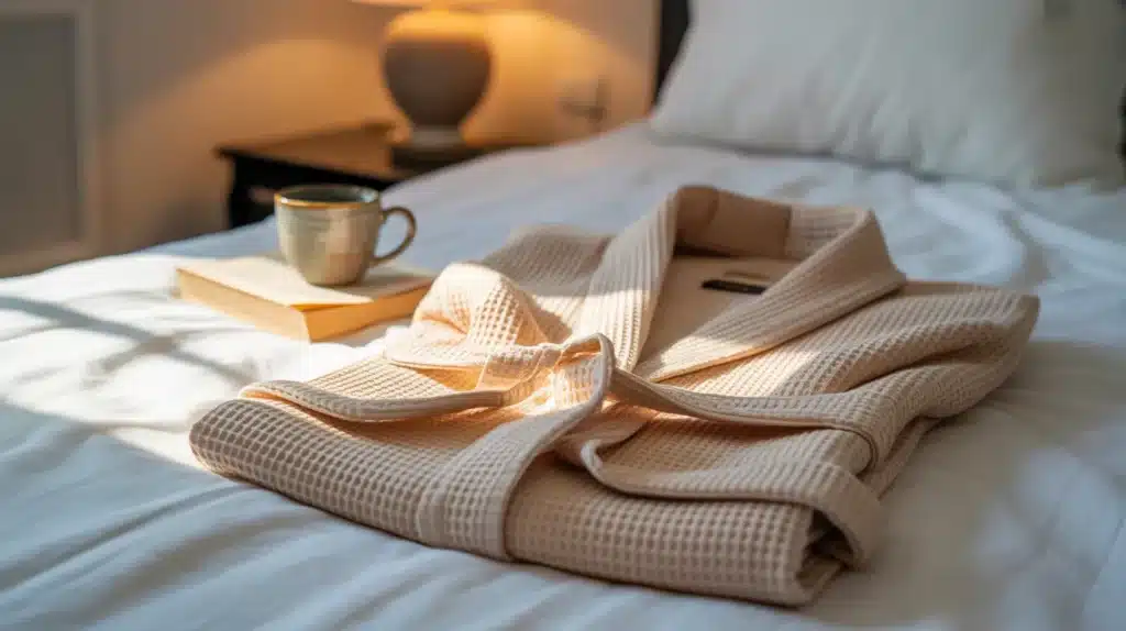 A soft waffle robe neatly folded on a bed with a cup of tea and a book on a wooden tray beside it, creating a cozy atmosphere.