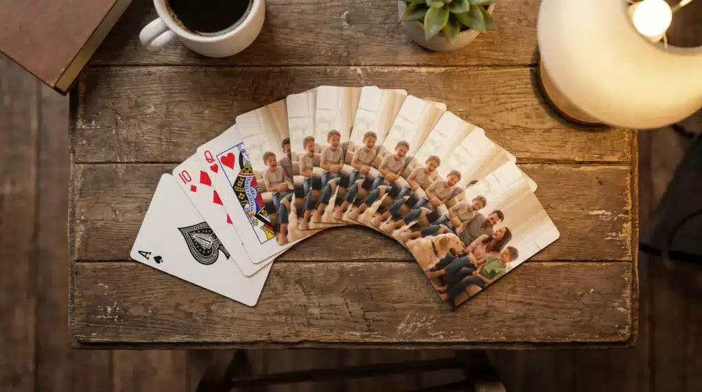 A spread of custom playing cards, each featuring a family photo, with a cup of coffee and a succulent nearby.