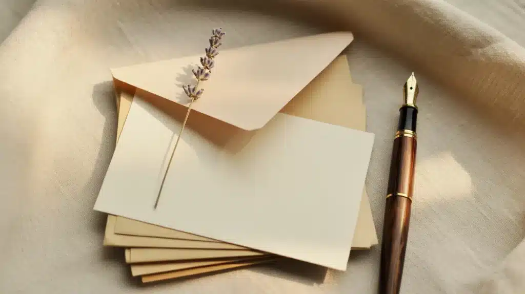 A stack of beige stationery with a lavender sprig and a fountain pen, next to an envelope, arranged on a soft fabric surface.