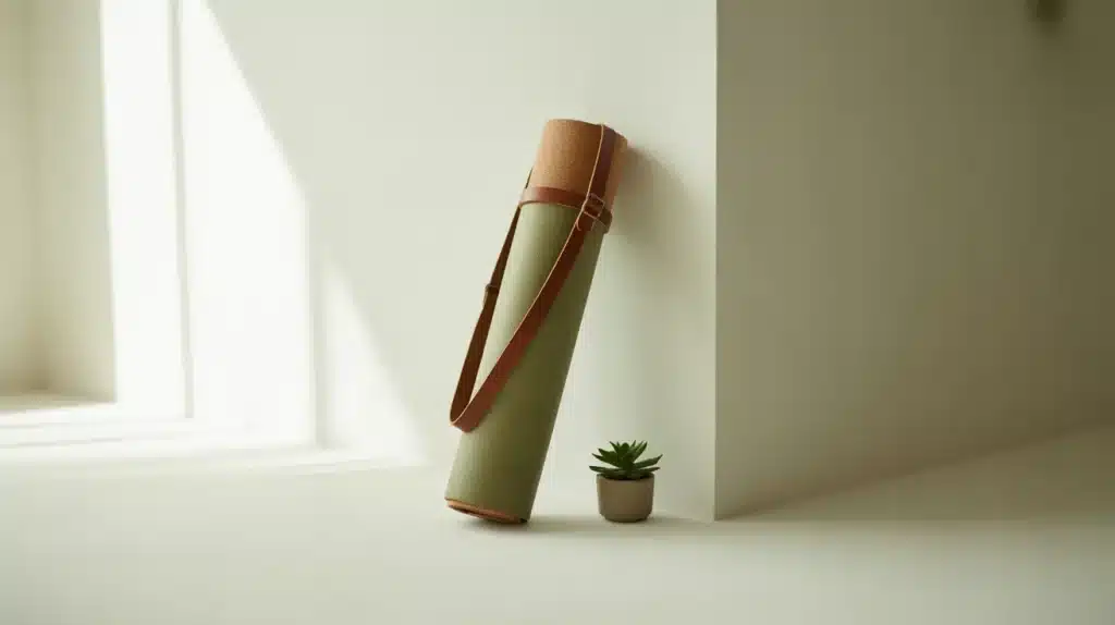 A stylish yoga mat with a brown leather strap, resting against a clean, minimalist wall with a small plant beside it. Sunlight softly illuminates the scene.