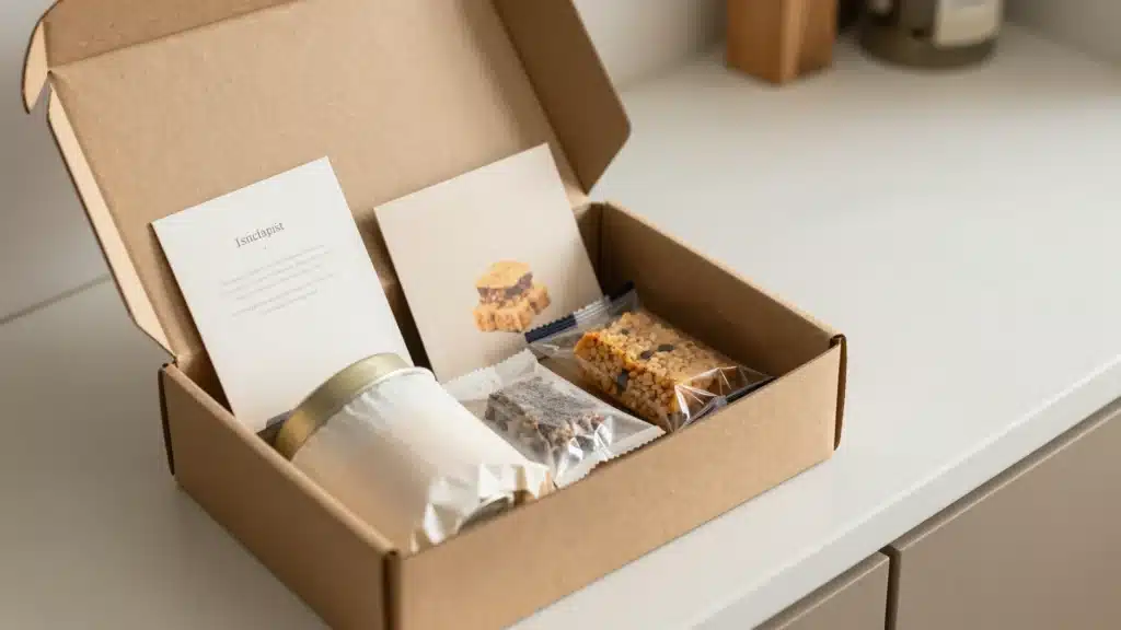 A subscription box containing snacks, a candle, and a card with a product image, resting on a clean countertop.