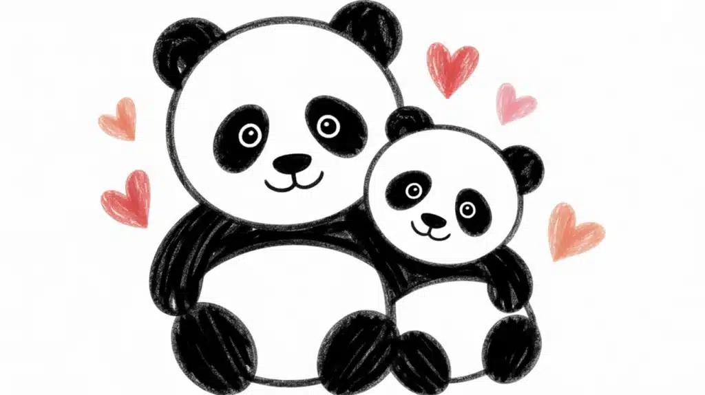 A sweet drawing of a mother panda and a baby panda sitting together, using simple black and white circular shapes.