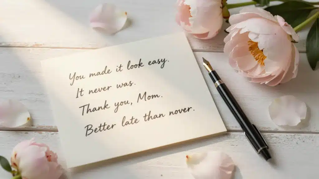 A thank you note with the words “You made it look easy.” It never was. Thank you, Mom. Better late than never,” next to a pen and pink peony flowers.