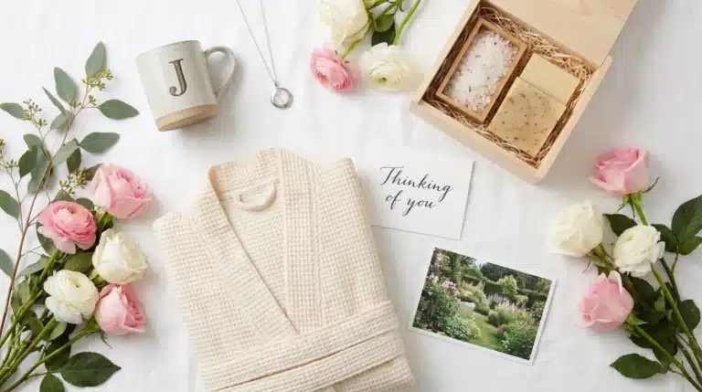 A thoughtful Mother's Day gift set with a personalized mug, bathrobe, flowers, soap, and a card that reads Thinking of you.
