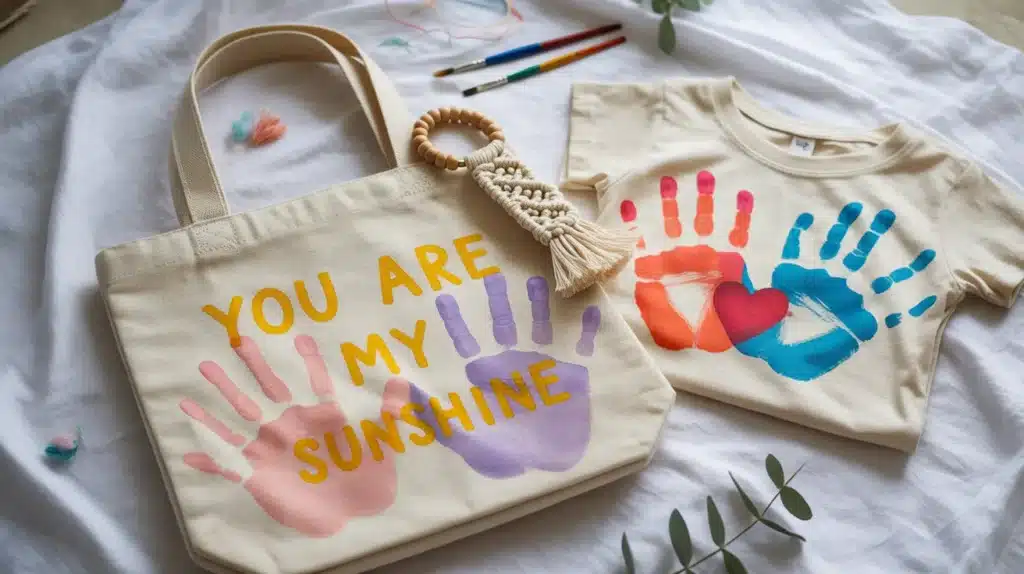 A tote bag and t-shirt with colorful handprints and the phrase “YOU ARE MY SUNSHINE.