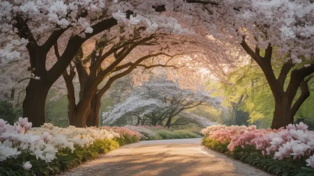 A tranquil botanical garden path lined with blooming cherry blossoms and colorful flowers, offering a serene and beautiful view under soft sunlight.