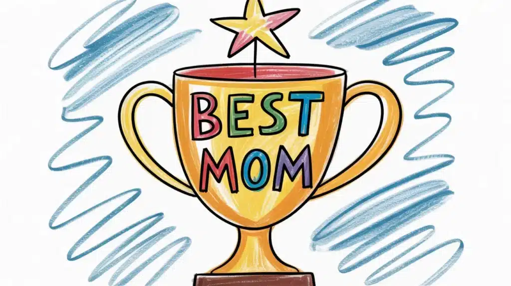A vibrant drawing of a gold trophy cup with a star on top and the words BEST MOM written across the center.