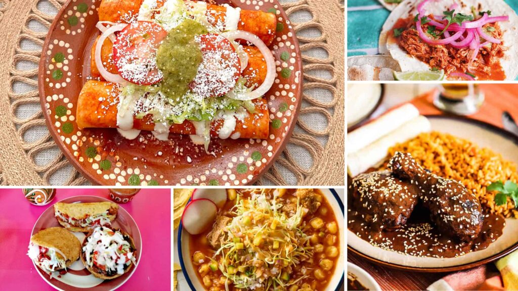 A vibrant spread of traditional Mexican dishes for Mother’s Day, including enchiladas, tacos, mole chicken, and a hearty stew.