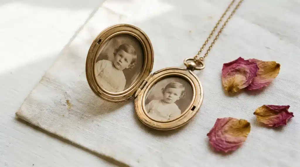 A vintage gold locket necklace with two black-and-white childhood photographs inside, resting on a soft fabric with dried rose petals scattered around.