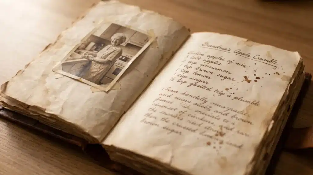 A vintage recipe book with a photo of a grandmother attached to the page, featuring handwritten notes for Grandma's Apple Crumble with stains and worn edges.