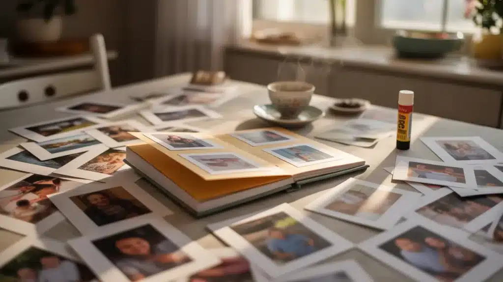A warm scene showing a table scattered with family photos, a photo album open to a page, a glue stick, and a steaming cup of tea.