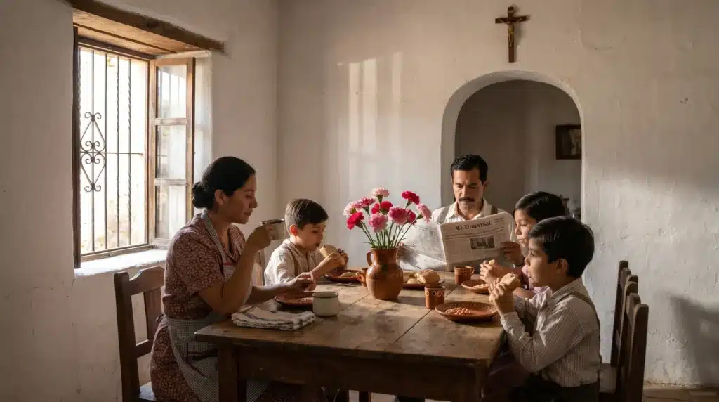A warm, traditional Mexican family enjoying breakfast together, celebrating Mother’s Day with flowers and family bonding.
