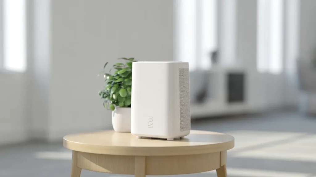 A white air purifier placed on a wooden table next to a small potted plant in a sunlit room.