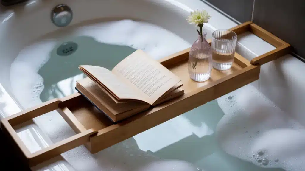 A wooden bathtub caddy with an open book, two glasses of water, and a vase with a flower, resting on the edge of a bathtub filled with bubbles.