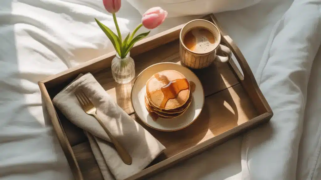 A wooden breakfast tray with pancakes, a coffee cup, a vase with tulips, and a fork, set on a bed with white linens.