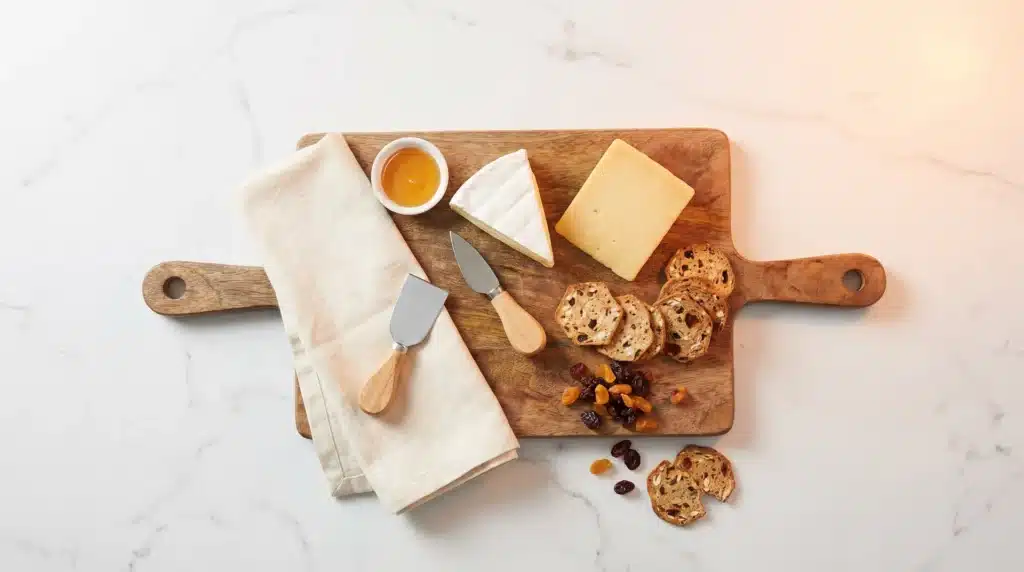 A wooden charcuterie board with cheese, crackers, dried fruits, honey, and cheese knives set on a marble surface.