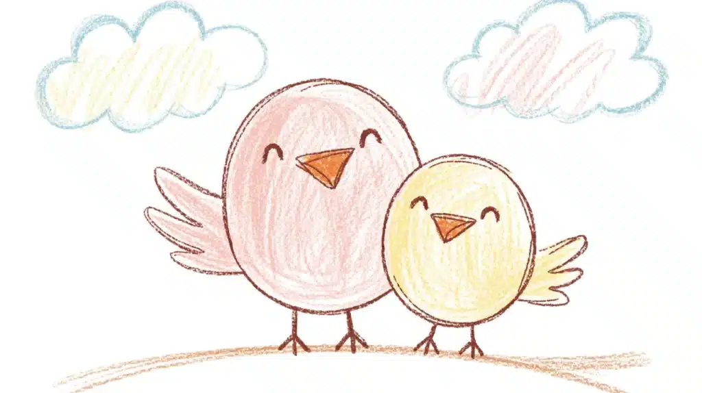 An adorable drawing of a mother bird and a smaller baby bird perched together on a brown tree branch with small leaves.