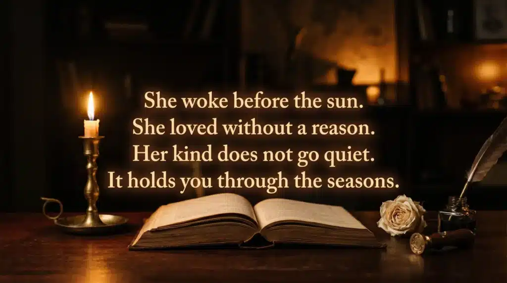 An open book with a lit candle beside it, a rose, and a quill, with a poetic tribute to a mother's unconditional love, written in elegant font.