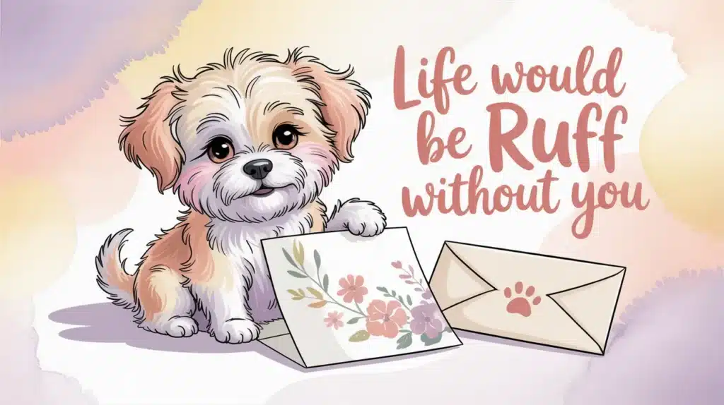 Cartoon illustration of a dog holding a floral card with the text Life would be Ruff without you.