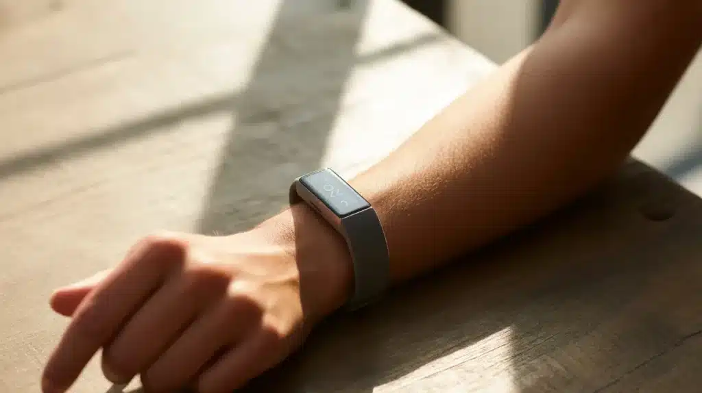 Close-up of a person's arm wearing a fitness tracker on a wooden surface.