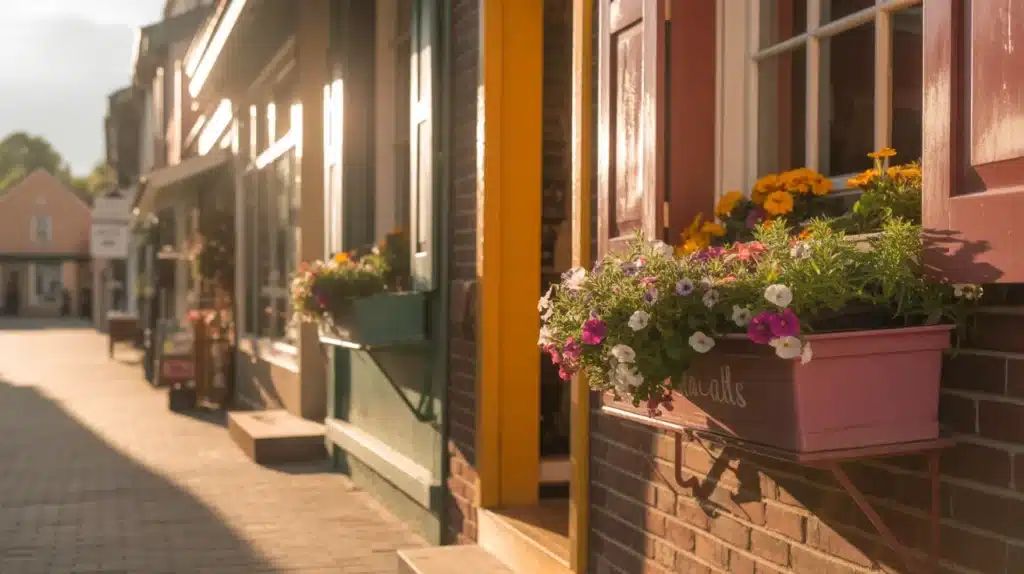 Colorful flower boxes hanging from windows along a charming street in a small town, bathed in warm sunlight