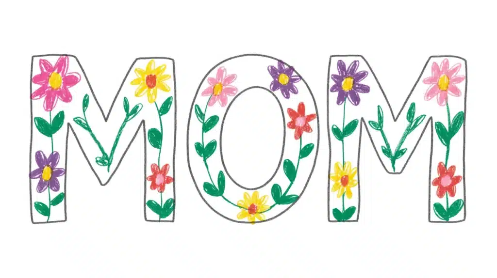Creative floral lettering where the word MOM is outlined and filled with tiny colorful flowers, leaves, and patterns.