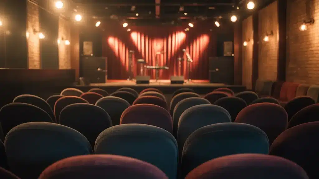 Empty seats in a cozy, dimly lit theater with a stage set up for a live performance, showcasing red velvet curtains and spotlights.