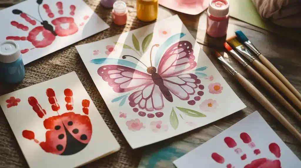 Handprint and footprint Mother’s Day crafts, featuring a ladybug and butterfly design with colorful paint, alongside paintbrushes and vibrant paint bottles.