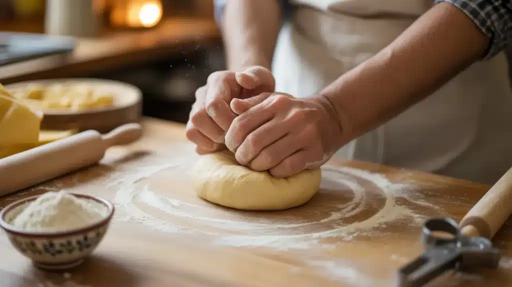 Hands kneading dough on a wooden surface, with flour scattered around, a rolling pin, and a bowl of flour nearby.