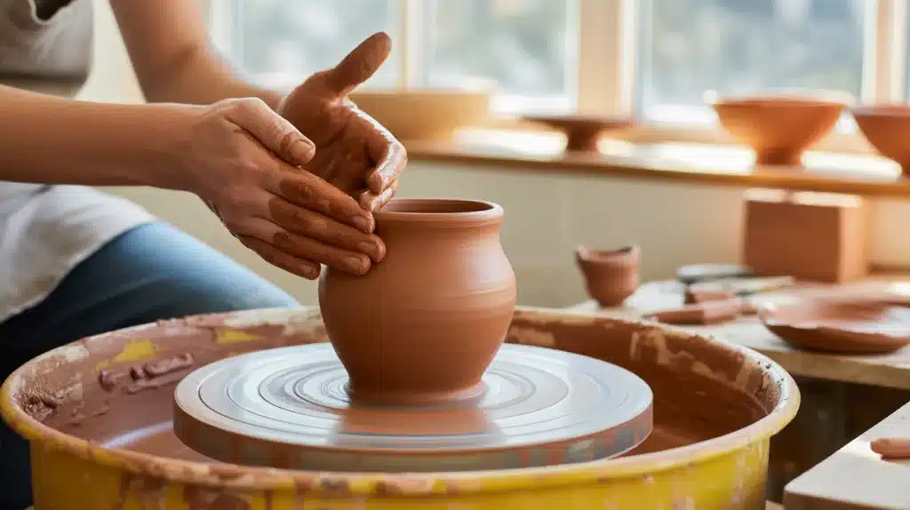 Hands shaping a clay pot on a pottery wheel in a bright, natural light studio.
