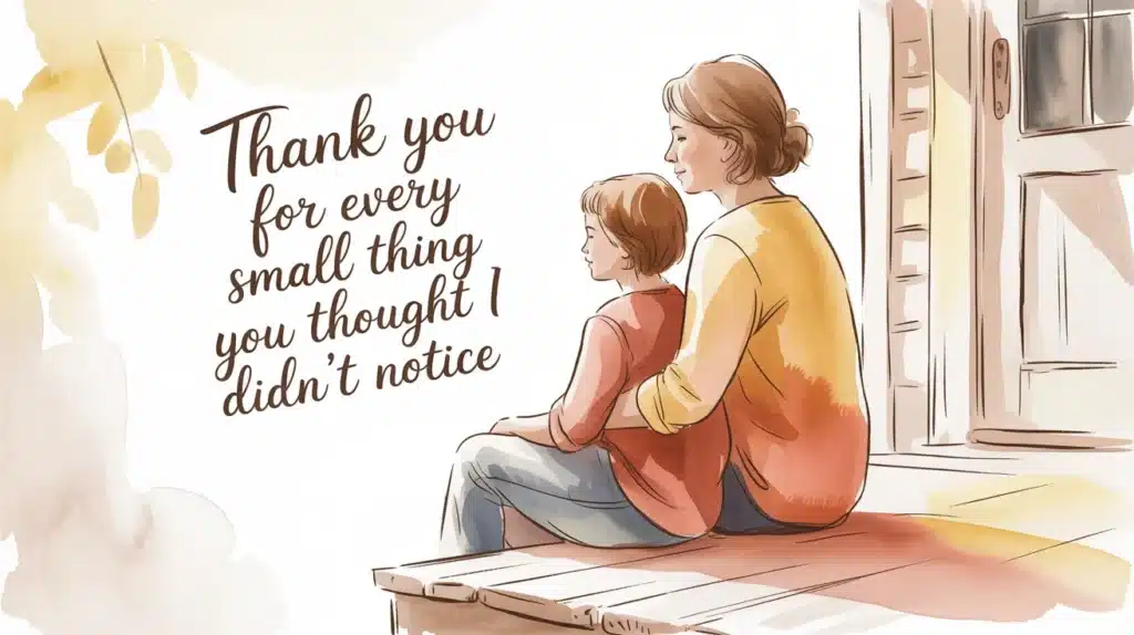 Illustration of a mother and child sitting together on a porch with a heartfelt message Thank you for every small thing you thought I didn’t notice.