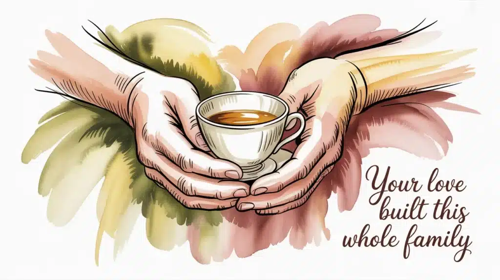 Illustration of two hands holding a teacup with the message Your love built this whole family.