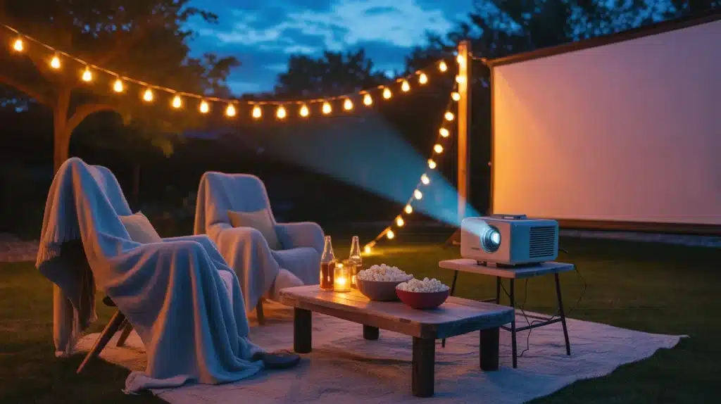 Outdoor movie night setup with chairs, blankets, popcorn, drinks, and a projector under string lights, creating a relaxed and warm atmosphere