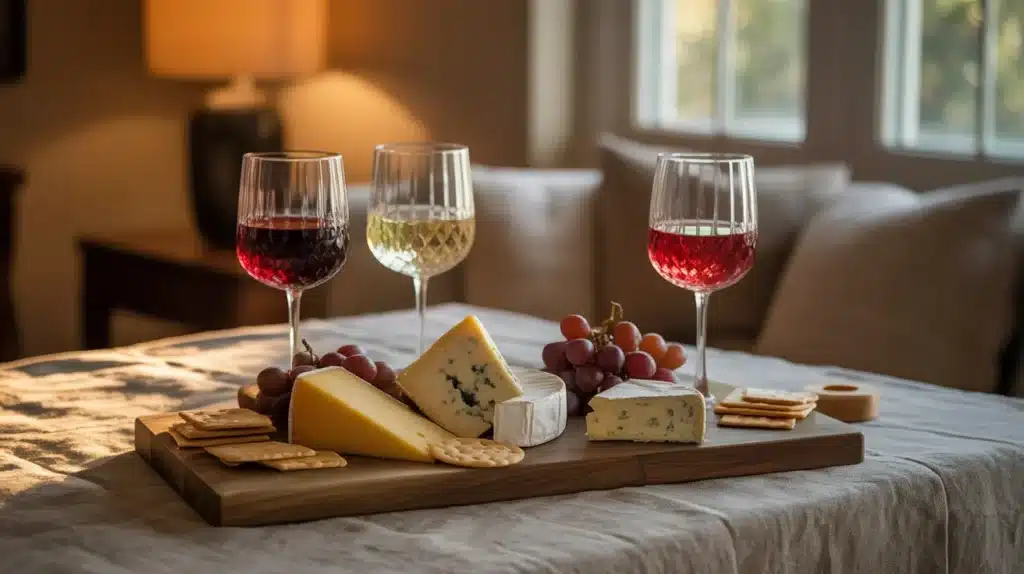 Three glasses of wine and a cheese platter with crackers and grapes, set in a cozy atmosphere for a tasting at home