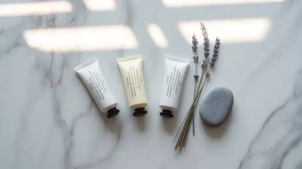 Three hand cream tubes, a sprig of lavender, and a smooth stone placed on a marble countertop in soft, natural light.