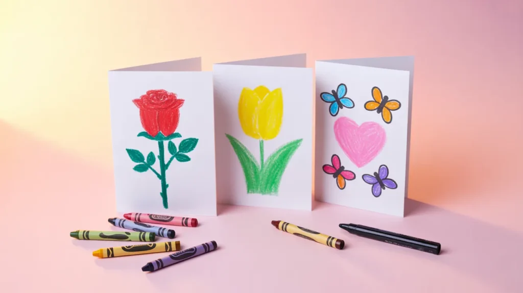 Three handmade Mother’s Day cards featuring drawings of a rose, a tulip, and a heart, displayed with crayons and a pen