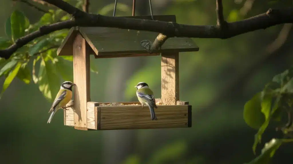 Two colorful birds perched on a wooden bird feeder hanging from a tree, surrounded by green foliage