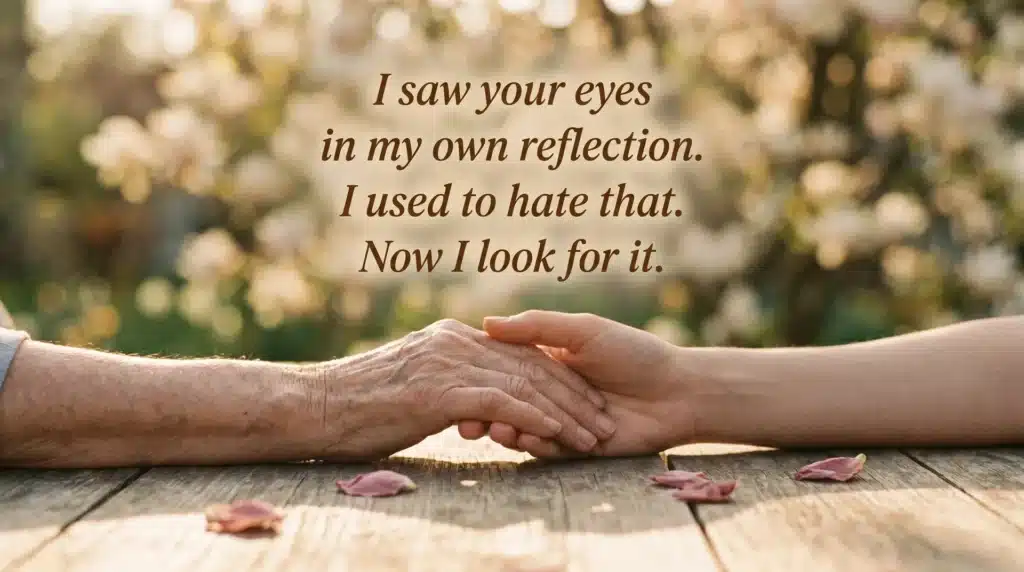 Two hands, an older hand and a younger hand, clasped together on a wooden table with rose petals scattered around, symbolizing connection and reflection.