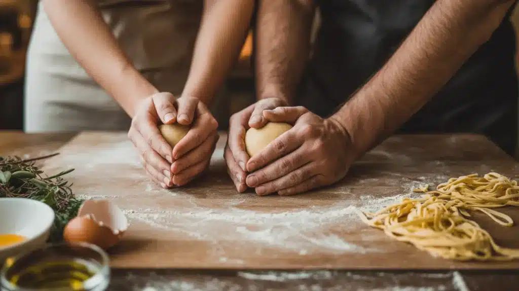 Two hands, one female and one male, working together to knead dough on a flour-covered kitchen counter, with pasta and ingredients like eggs and herbs visible.