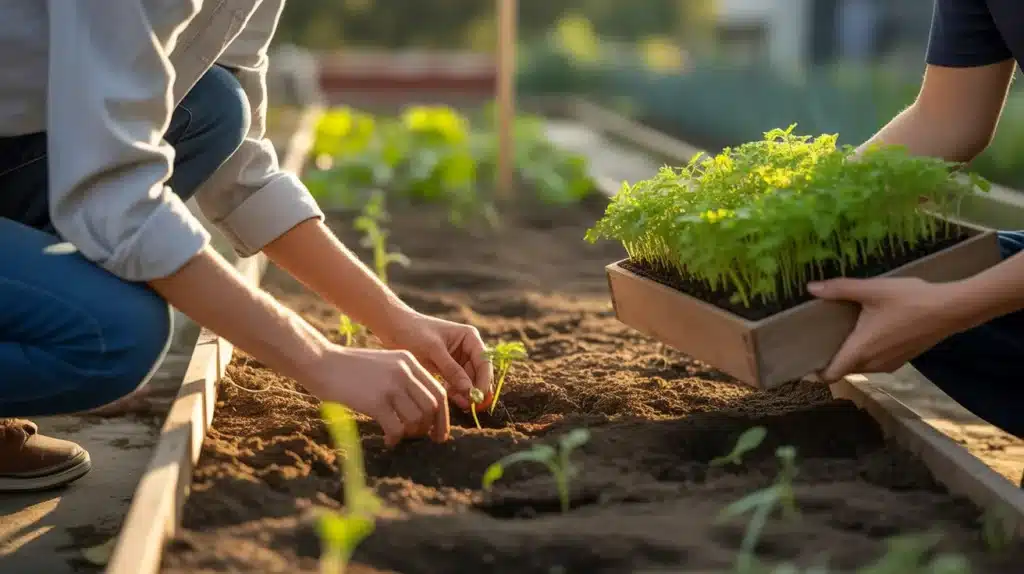 Two people planting young plants in a garden bed, with one person holding a tray of seedlings while the other plants them into the soil