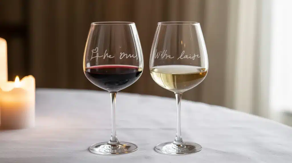 Two personalized wine glasses with etched names, one filled with red wine and the other with white wine, placed on a table with candles in the background.