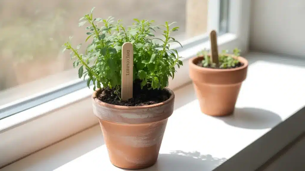 Two potted plants on a windowsill with a wooden plant label reading Lemon Balm on the larger pot and a smaller plant next to it.