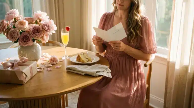 Woman reading a Mother's Day card at a table set with a gift, flowers, mimosa, and cake.