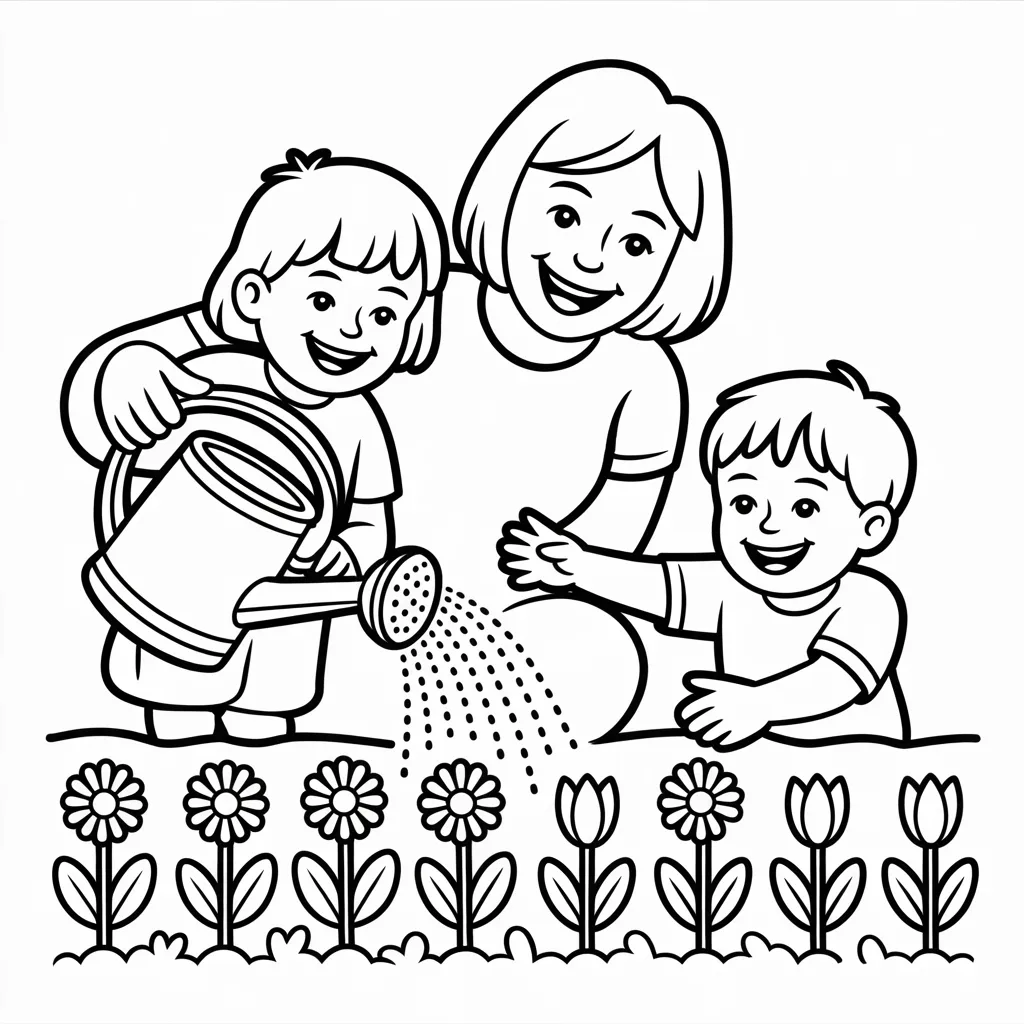 mom-and-kids-watering-plants-in-a-garden