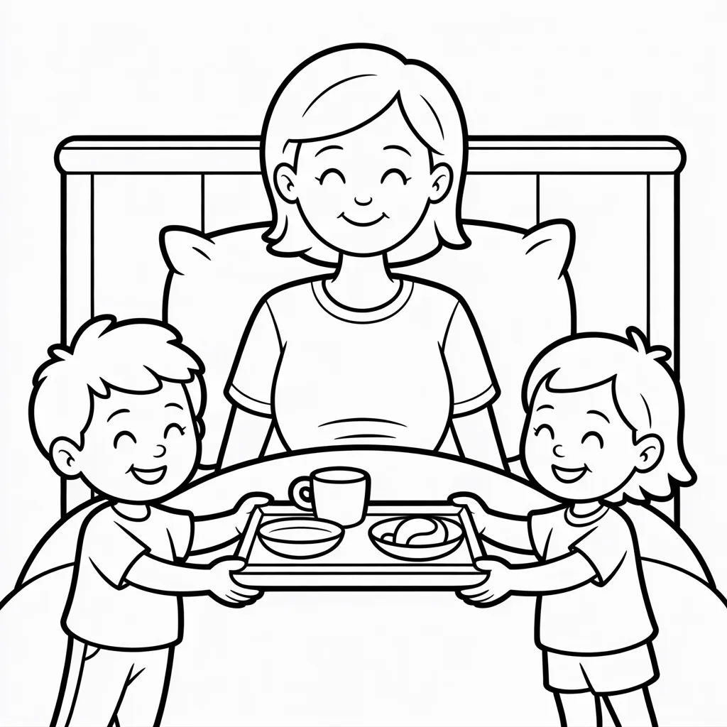 mom-sitting-up-in-bed-while-kids-bring-a-breakfast-tray