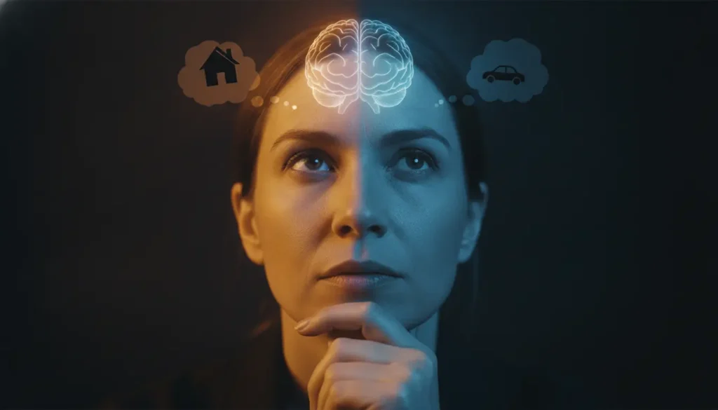 Thoughtful woman with brain illustration and house, car icons in contemplative setting