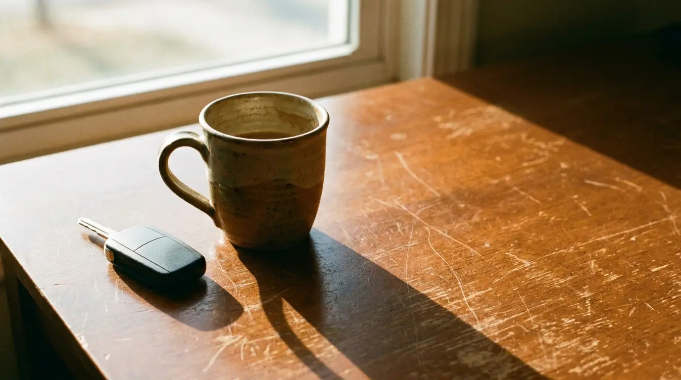Ceramic mug of coffee and car key on sunlit wooden table near window