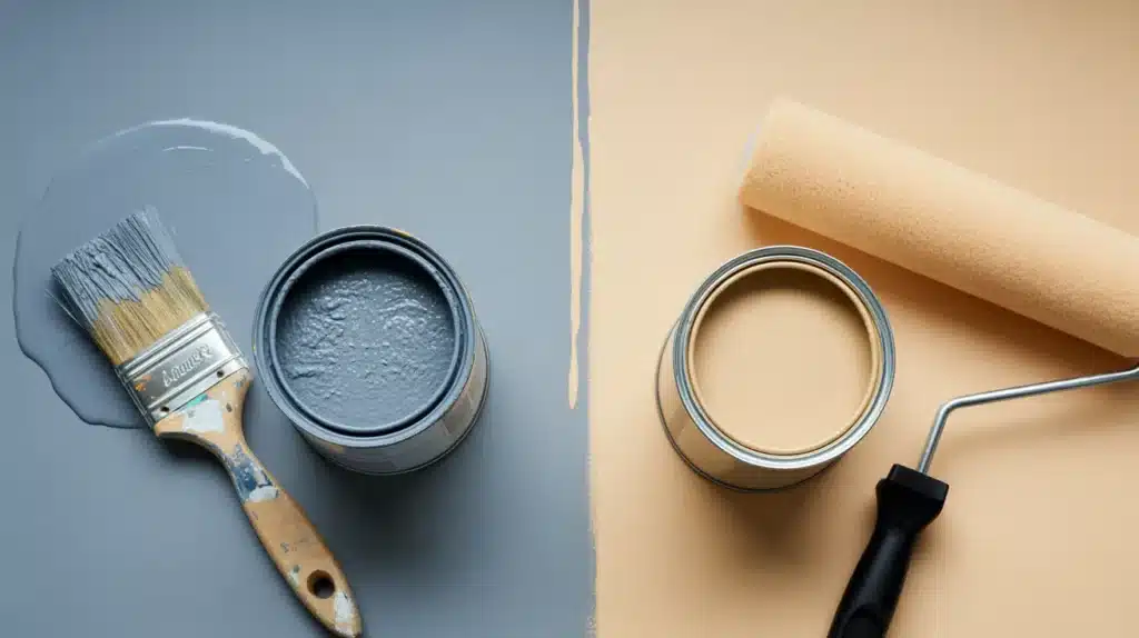 Split image of paint tools with gray paint and brush on one side, and beige paint with roller on the other.