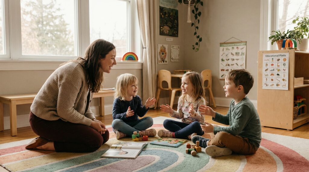 Teacher talking with three kids sitting on a rug and clapping in a bright classroom